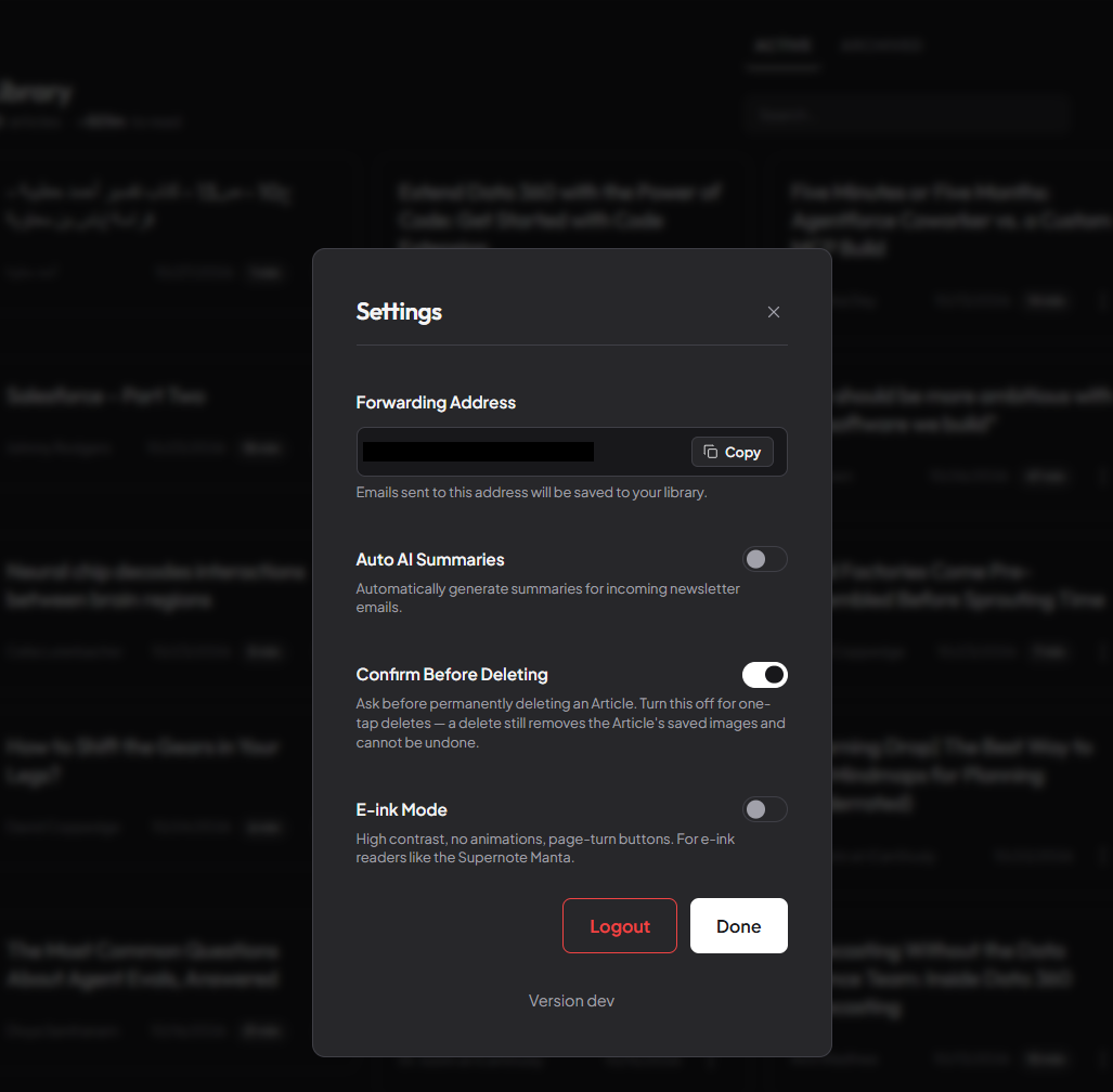 Logged-in screenshot of the parse app